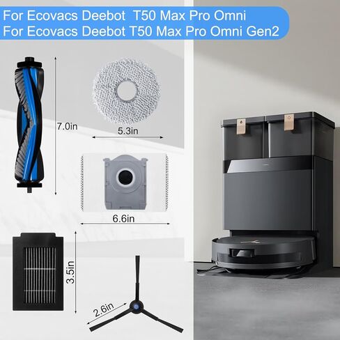 مجموعة مكونة من 20 ملحقًا لجهاز Ecovacs Deebot T50 Max Pro Omni - 1 فرشاة رئيسية، 6 فرش جانبية، 2 مرشحات، 6 ممسحات، 4 أكياس غبار، 1 فرشاة تنظيف in Kuwait