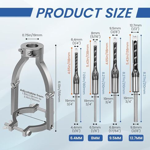 Square Hole Drill Bit Adapter with 4-Piece Square Hole Drill Bit Set, Mortise and Tenon Jig, Dual-Use Mortising Attachment for Drill Press & Hand Drill, Mortising Machine Accessory in Saudi Arabia