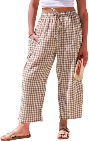 IDEALSANXUN Womens Gingham Pants Spring Summer Casual Loose Wide Leg Palazzo Beach Boho Harem Pants in Saudi Arabia