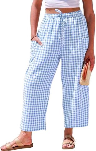 سروال Gingham للسيدات من IDEALSANXUN للربيع والصيف كاجوال فضفاض وواسع الساق Palazzo Beach Boho Harem Pants in Kuwait