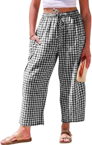 سروال Gingham للسيدات من IDEALSANXUN للربيع والصيف كاجوال فضفاض وواسع الساق Palazzo Beach Boho Harem Pants in Kuwait