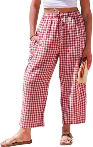 سروال Gingham للسيدات من IDEALSANXUN للربيع والصيف كاجوال فضفاض وواسع الساق Palazzo Beach Boho Harem Pants in Kuwait