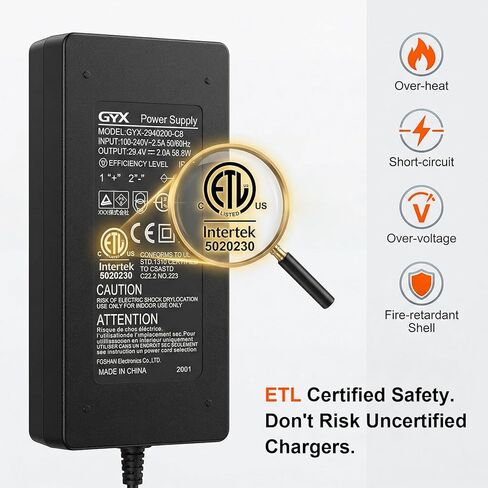 شاحن سكوتر كهربائي معتمد 29.4V 2A ETL لـ Gotrax GKS، GKS Pro، Lumios - شاحن بطارية ليثيوم أيون 24V لـ Gotrax Glider، Fluxx FX3، SRX Mini - قابس تيار مستمر 5.5 مم × 2.1 مم in Kuwait