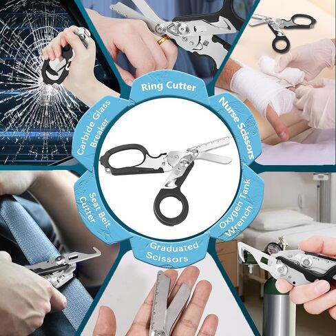 مقص الصدمات متعدد الوظائف قابل للطي مع حافظة متوافقة، مقص طبي للاستجابة لحالات الطوارئ للممرضات، أدوات مقص المساعدة للتخييم في الهواء الطلق مع قاطع حزام (أسود) in Kuwait
