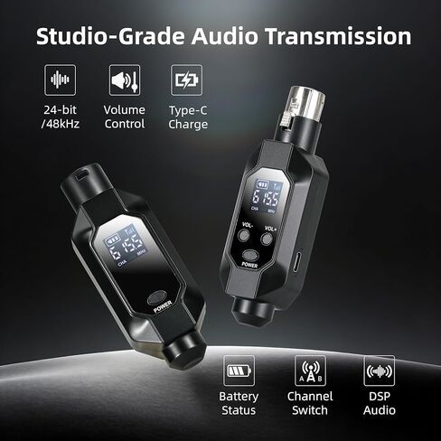 جهاز إرسال ميكروفون XLR لاسلكي، طاقة فانتوم، 2.4 جيجا هرتز، تقليل الضوضاء تلقائيًا، محول بلوتوث قابل لإعادة الشحن للميكروفونات الاحترافية in Kuwait