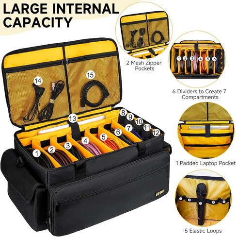 Large DJ Equipment Bag with 6 Detachable Dividers,DJ Cable File Bag with Laptop and Microphone Slots,Travel Dj Gig Organizer Bags for DJ Gear,Musicians, Professional and Dj Accessories( 21.5"×12"×11") in Saudi Arabia