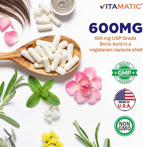 Vitamatic Boric Acid Vaginal Capsule Shell Suppositories 600 mg USP Grade Boric Acid in Vegetarian Capsule Shell - 60 Count in Saudi Arabia