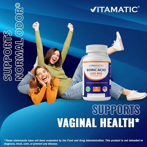 Vitamatic Boric Acid Vaginal Capsule Shell Suppositories 600 mg USP Grade Boric Acid in Vegetarian Capsule Shell - 60 Count in Saudi Arabia