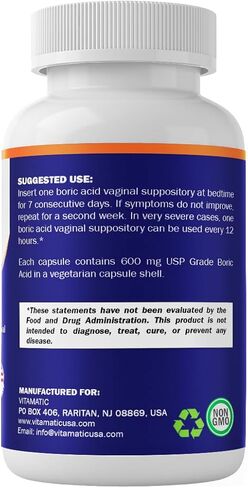 Vitamatic Boric Acid Vaginal Capsule Shell Suppositories 600 mg USP Grade Boric Acid in Vegetarian Capsule Shell - 60 Count in Saudi Arabia
