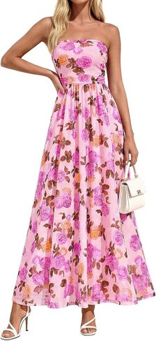 PRETTYGARDEN فستان ماكسي نسائي بدون حمالات 2026 صيفي زهري صديرية دائرية Ruched شاطئ ربيع زفاف ضيف فساتين طويلة in Saudi Arabia