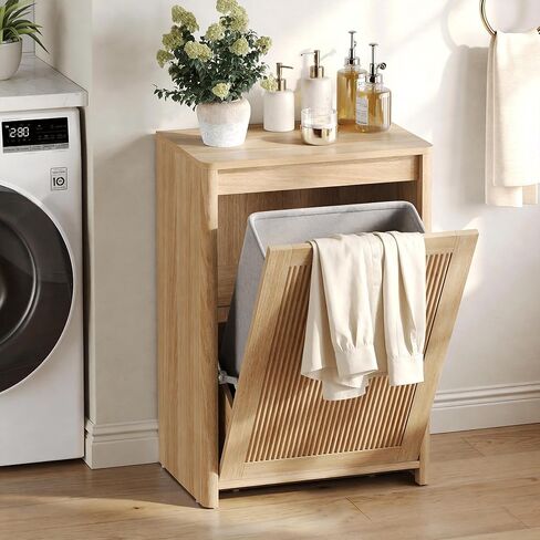 Halitaa Tilt Out Trash Can Cabinet, 10 Gallon Fluted Hidden Trash Can Cabinet for Kitchen, Laundry Hamper Cabinet, Wooden Hidden Garbage Can Holder, Pet Proof Trash Cabinet, Natural in Saudi Arabia