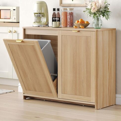 Halitaa Tilt Out Trash Can Cabinet, 10 Gallon Fluted Hidden Trash Can Cabinet for Kitchen, Laundry Hamper Cabinet, Wooden Hidden Garbage Can Holder, Pet Proof Trash Cabinet, Natural in Saudi Arabia