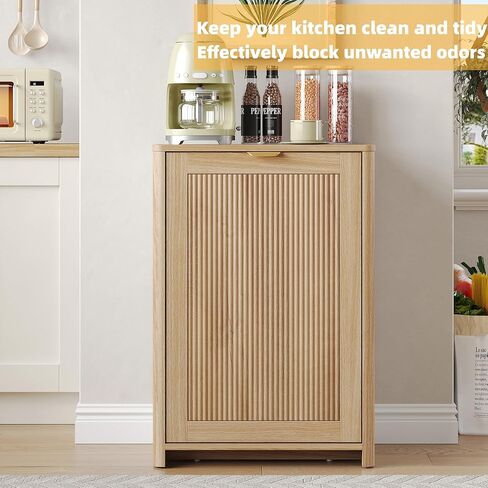 Halitaa Tilt Out Trash Can Cabinet, 10 Gallon Fluted Hidden Trash Can Cabinet for Kitchen, Laundry Hamper Cabinet, Wooden Hidden Garbage Can Holder, Pet Proof Trash Cabinet, Natural in Saudi Arabia