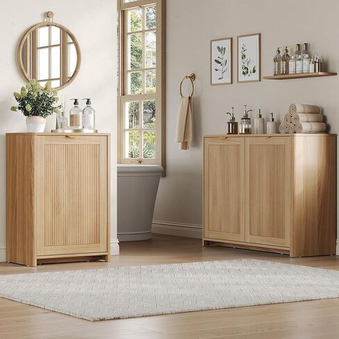 Halitaa Tilt Out Trash Can Cabinet, 10 Gallon Fluted Hidden Trash Can Cabinet for Kitchen, Laundry Hamper Cabinet, Wooden Hidden Garbage Can Holder, Pet Proof Trash Cabinet, Natural in Saudi Arabia