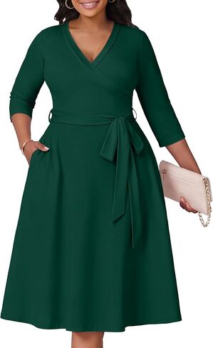 CLOCOR Plus Size Dresses, Womens Casual Church 3/4 Sleeve V Neck Cocktail Wrap Midi Dress with Pockets & Belt in Saudi Arabia