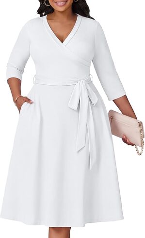 CLOCOR Plus Size Dresses, Womens Casual Church 3/4 Sleeve V Neck Cocktail Wrap Midi Dress with Pockets & Belt in Saudi Arabia