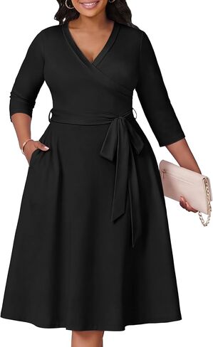 CLOCOR Plus Size Dresses, Womens Casual Church 3/4 Sleeve V Neck Cocktail Wrap Midi Dress with Pockets & Belt in Saudi Arabia