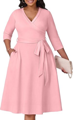 CLOCOR Plus Size Dresses, Womens Casual Church 3/4 Sleeve V Neck Cocktail Wrap Midi Dress with Pockets & Belt in Saudi Arabia