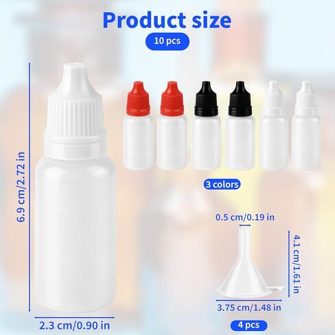 10 PCS (6 Bottles + 4 Funnels) 15ml Small Plastic Dropper Bottles - White, Black & Red Portable Travel Containers Eye Liquid Dropper Bottles, Squeezable Refillable Bottle with Cap and Plug in Saudi Arabia