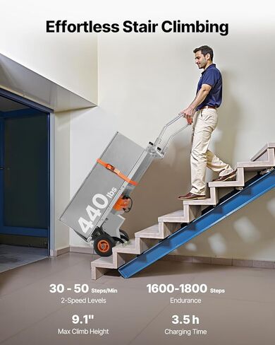 VEVOR Electric Stair Climbing Dolly, 440lbs Capacity Electric Stair Climbing Hand Trucks with 157.5in Rope & Folding Handle, Heavy Duty Stair Climber for Warehouse Logistics, Moving Furniture(Silver) in Saudi Arabia