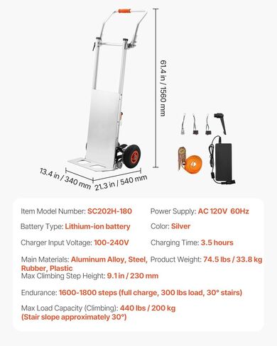 VEVOR Electric Stair Climbing Dolly, 440lbs Capacity Electric Stair Climbing Hand Trucks with 157.5in Rope & Folding Handle, Heavy Duty Stair Climber for Warehouse Logistics, Moving Furniture(Silver) in Saudi Arabia