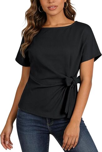 Yeokou Womens Wrap Sweater Casual Elegant Short Sleeve Round Neck Tie Waist Pullover Spring Summer Dressy Shirt Top in Saudi Arabia