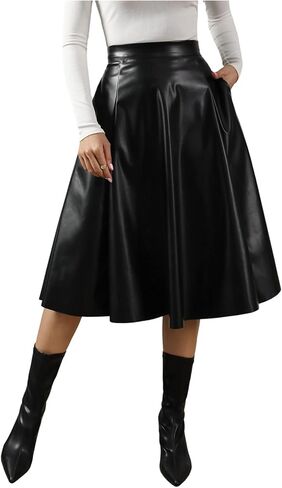 GORGLITTER Women's Leather Aline Midi Skirts Y2k Casual Trendy High Waisted Going Out Outfits Maxi Skirt with Pockets in Saudi Arabia