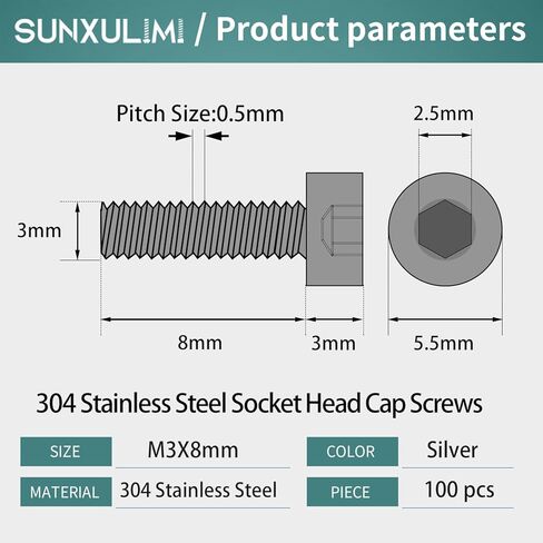 SUNXULIMI M3 x 8mm Socket Head Cap Screws Bolts Stainless Steel 304 Metric Machine Hex Socket Screw, Allen Hex Drive, Fully Thread, 100PCS in Saudi Arabia