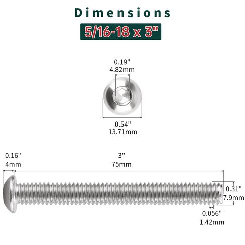براغي غطاء مقبس رأس بأزرار 5/16-18 × 3 بوصة (10 قطع)، 304 من الفولاذ المقاوم للصدأ 18/8، محرك ألين سداسي، براغي مرافق المنزل والترفيه، Fayeploo (مع مفتاح ربط سداسي) in Kuwait