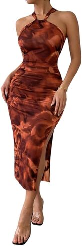 LIGHT DOT Women's Summer Halter Midi Dress Printed Bodycon Cocktail Ruched Mesh Layered in Saudi Arabia