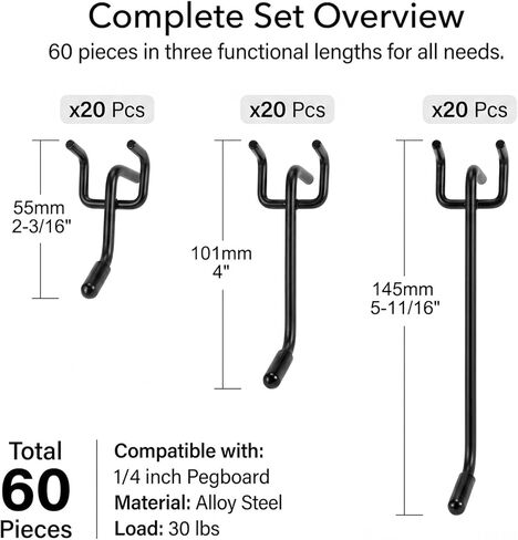 QWORK 60Pcs Black Pegboard Hooks - Heavy Duty 2/4/6 Inch Alloy Steel L-Shaped Shelving Hooks with Rubber Tips for 1/4 Inch Pegboard, Garage, Workshop Organization in Saudi Arabia
