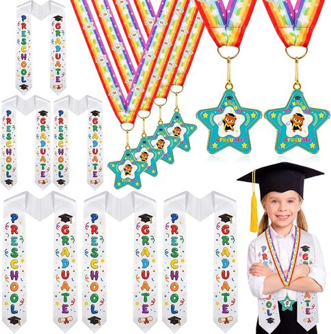 Liliaafar 12 Pcs Preschool Metal Graduation Medal with Grad Honor Stole Sash Kindergarten Kids Graduation Grad Stole Grads Award Medals with Neck Ribbon for Graduate Gift Party Decoration Favors in Saudi Arabia