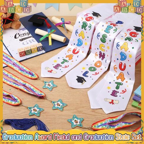 Liliaafar 12 Pcs Preschool Metal Graduation Medal with Grad Honor Stole Sash Kindergarten Kids Graduation Grad Stole Grads Award Medals with Neck Ribbon for Graduate Gift Party Decoration Favors in Saudi Arabia