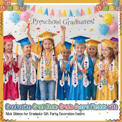 Liliaafar 12 Pcs Preschool Metal Graduation Medal with Grad Honor Stole Sash Kindergarten Kids Graduation Grad Stole Grads Award Medals with Neck Ribbon for Graduate Gift Party Decoration Favors in Saudi Arabia