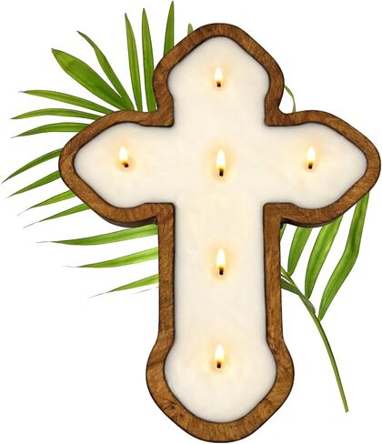 شمعة متقاطعة من شركة Dough Bowl Candle - شموع صلاة روحية مقاس 14 × 10 × 1.5 للصوم الكبير أو المذبح أو التأمل، ديكور ديني مسيحي للمنزل، هدية كاثوليكية من شمع الصويا بنسبة 100%، هدايا دينية ربيعية من الزهور in Kuwait