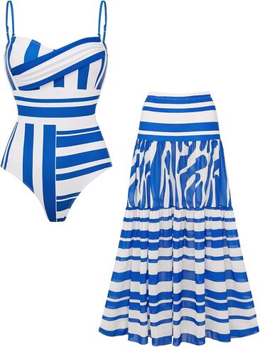FLAXMAKER Women's Adjustable Shoulder Straps Bathing Suits Sling Water Ripple Printed One Piece Swimsuit and Striped Skirt in Saudi Arabia