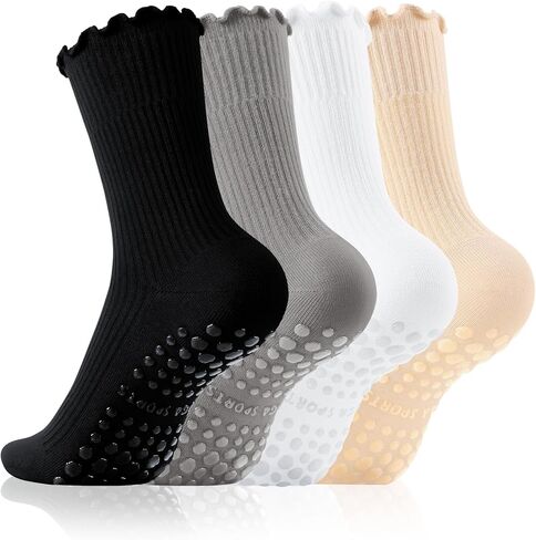 Pilates Socks for Women with Grips Non-slip Yoga Ruffle Grippy Crew Sock for Barre Hospital Barefoot Workout 4 Pairs in Saudi Arabia