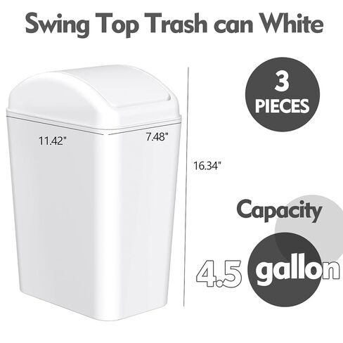 3-Pack 4.5 Gallon Plastic Trash Can with Swing Lid, Swing-Top Waste Can, White in Saudi Arabia