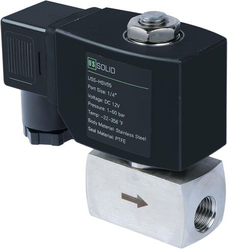 U.S. Solid 1/4" High Pressure Solenoid Valve, 12V DC, Stainless Steel, 100 bar, -76°F to 248°F – Heat-Resistant, High-Pressure Valve for Industrial Use, Water, Gas, Oil and Fluid Control in Saudi Arabia
