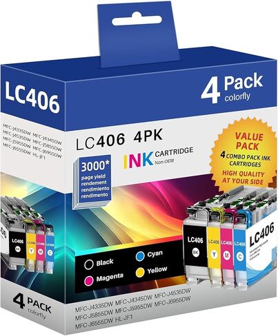 خراطيش حبر LC406XL عالية الإنتاجية لخراطيش حبر Brother LC406 تستخدم LC406XL LC 406-XL مع طابعة Brother MFC-J4335DW MFC-J5855DW MFC-J5855DW MFC-J6955DW (4 عبوات BK/C/M/Y) in Kuwait