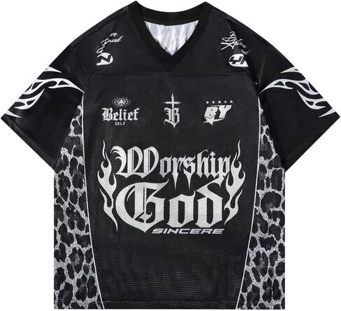 GORGLITTER Men's Leopard Jersey Shirt Graphic Mesh Short Sleeve V Neck Streetwear Tops in Saudi Arabia