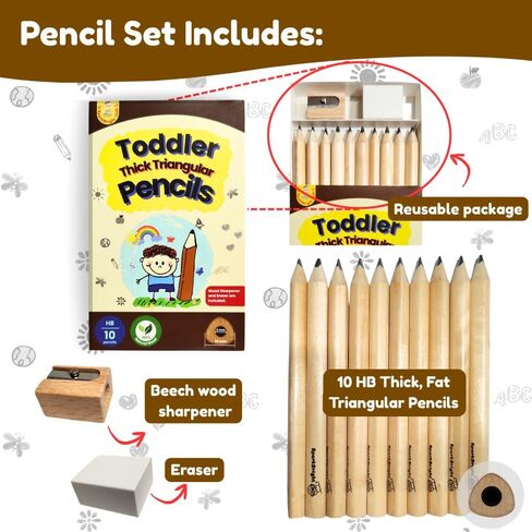 Thick Fat Jumbo Triangular Pencils for Hand Writing Drawing, Age 2+, Preschoolers, Early Learners, and those with Special Needs. Sets of 10 natural wood pencils with a wood sharpener and eraser. in Saudi Arabia