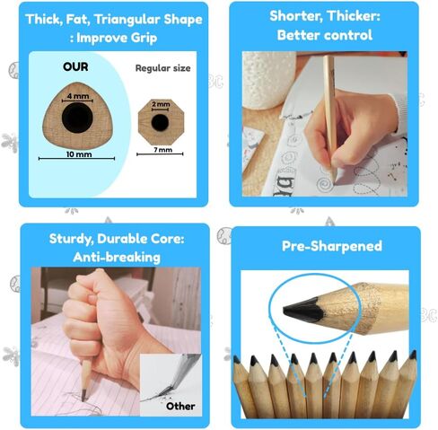 Thick Fat Jumbo Triangular Pencils for Hand Writing Drawing, Age 2+, Preschoolers, Early Learners, and those with Special Needs. Sets of 10 natural wood pencils with a wood sharpener and eraser. in Saudi Arabia
