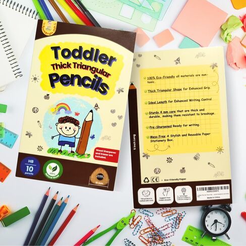 Thick Fat Jumbo Triangular Pencils for Hand Writing Drawing, Age 2+, Preschoolers, Early Learners, and those with Special Needs. Sets of 10 natural wood pencils with a wood sharpener and eraser. in Saudi Arabia