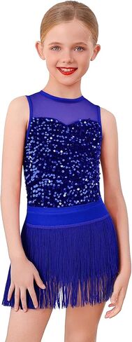 ODASDO Girls Jazz Latin Sparkle Sequins Dance Outfit Crew Neck Sleeveless Bodysuit with Tassel Fringe Skirt Two Piece Set in Saudi Arabia