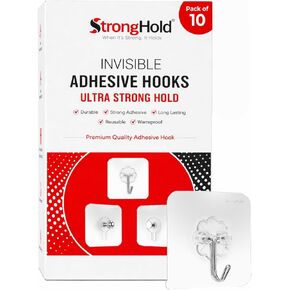 StrongHold Invisible Heavy Duty Removable Wall Hooks, Clear Sticky Hooks for Hanging, Waterproof Wall Hooks Removable, Reusable Damage Free Organizer Hooks Pack of 10 in Saudi Arabia