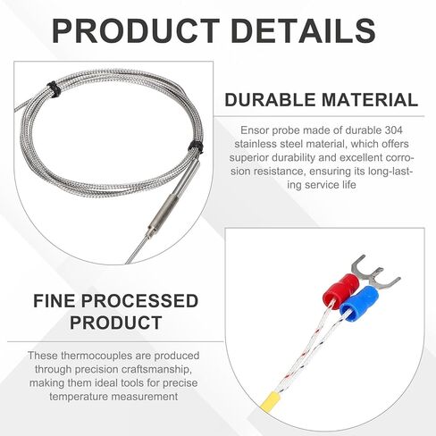 MECCANIXITY K Type Thermocouple Temperature Sensor Probe 1.5x200mm 4.9ft Wire 0 to 1100°C(32 to 2012°F) Stainless Steel in Saudi Arabia