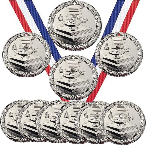 Silver Book and Lamp Scholastic Medals Trophy Champion Participant Award Prize with Neck Ribbons (Pack of 10) in Saudi Arabia