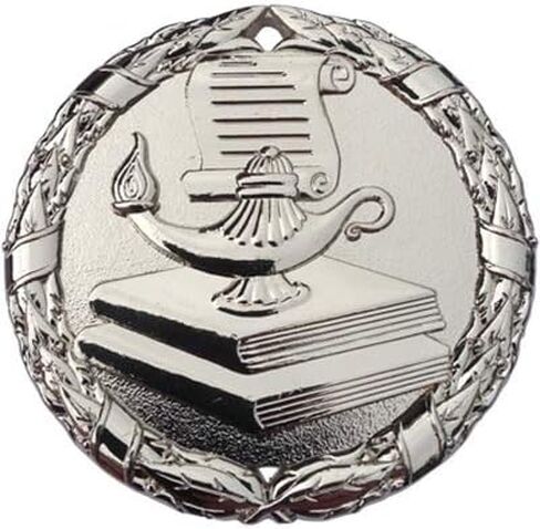 Silver Book and Lamp Scholastic Medals Trophy Champion Participant Award Prize with Neck Ribbons (Pack of 10) in Saudi Arabia
