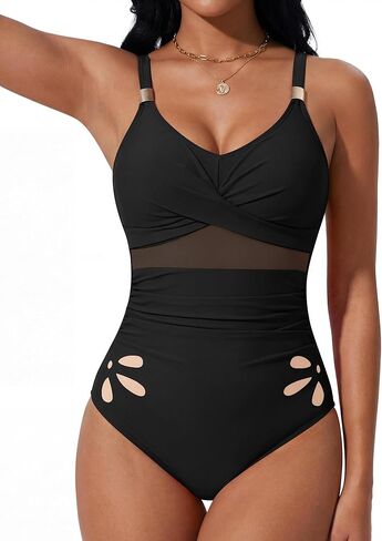 Women Tummy Control One Piece Swimsuit Petal Cutout with Inner Liner Bathing Suit Mesh Metal Swimwear in Saudi Arabia